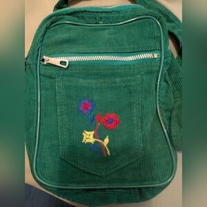 Vintage Green Embroidered Corduroy Purse